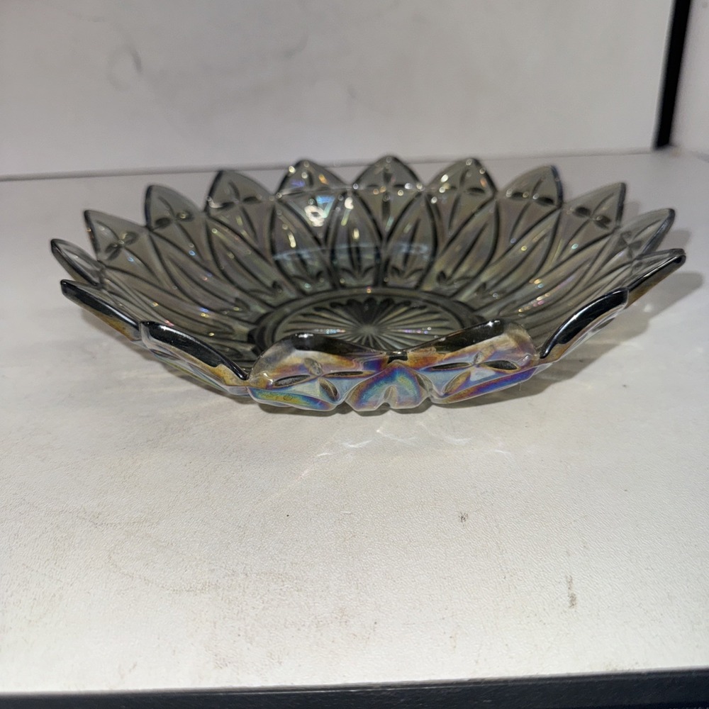 Vintage Federal Glass Petal Iridescent Smoke 10" Round Bowl